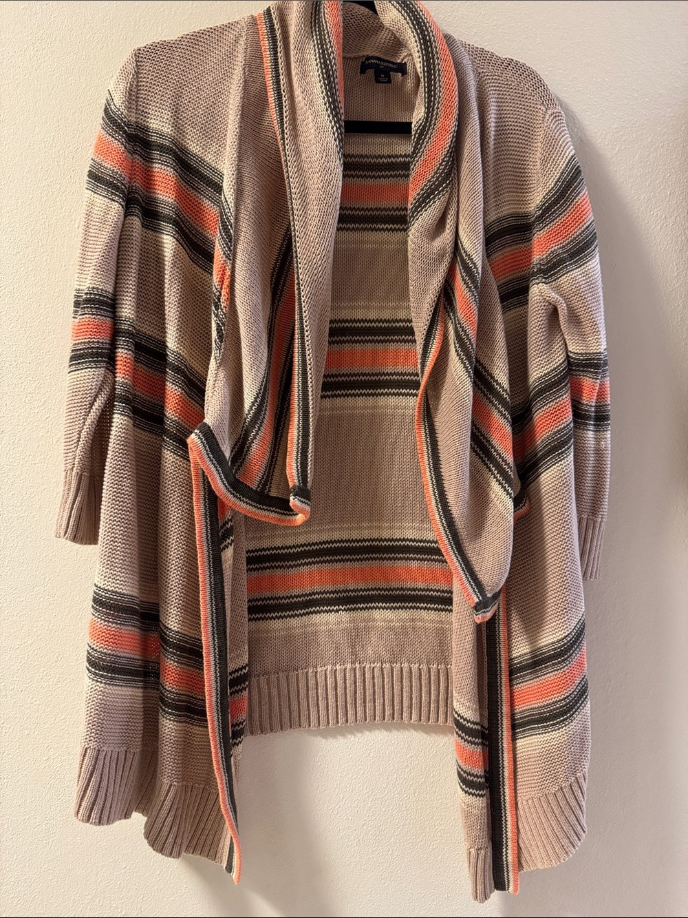 Banana Republic Beige Cardigan with Coral & Black Stripe Accents